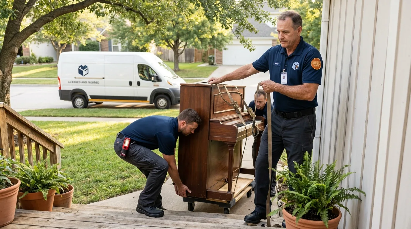 Licensed piano movers securing grand piano in Poland, ME