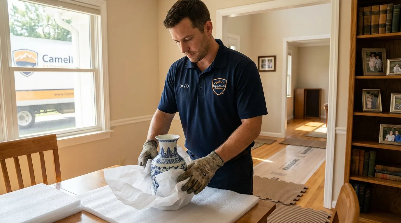 Professional crew carefully wrapping antique vase for senior downsizing move in Poland, ME